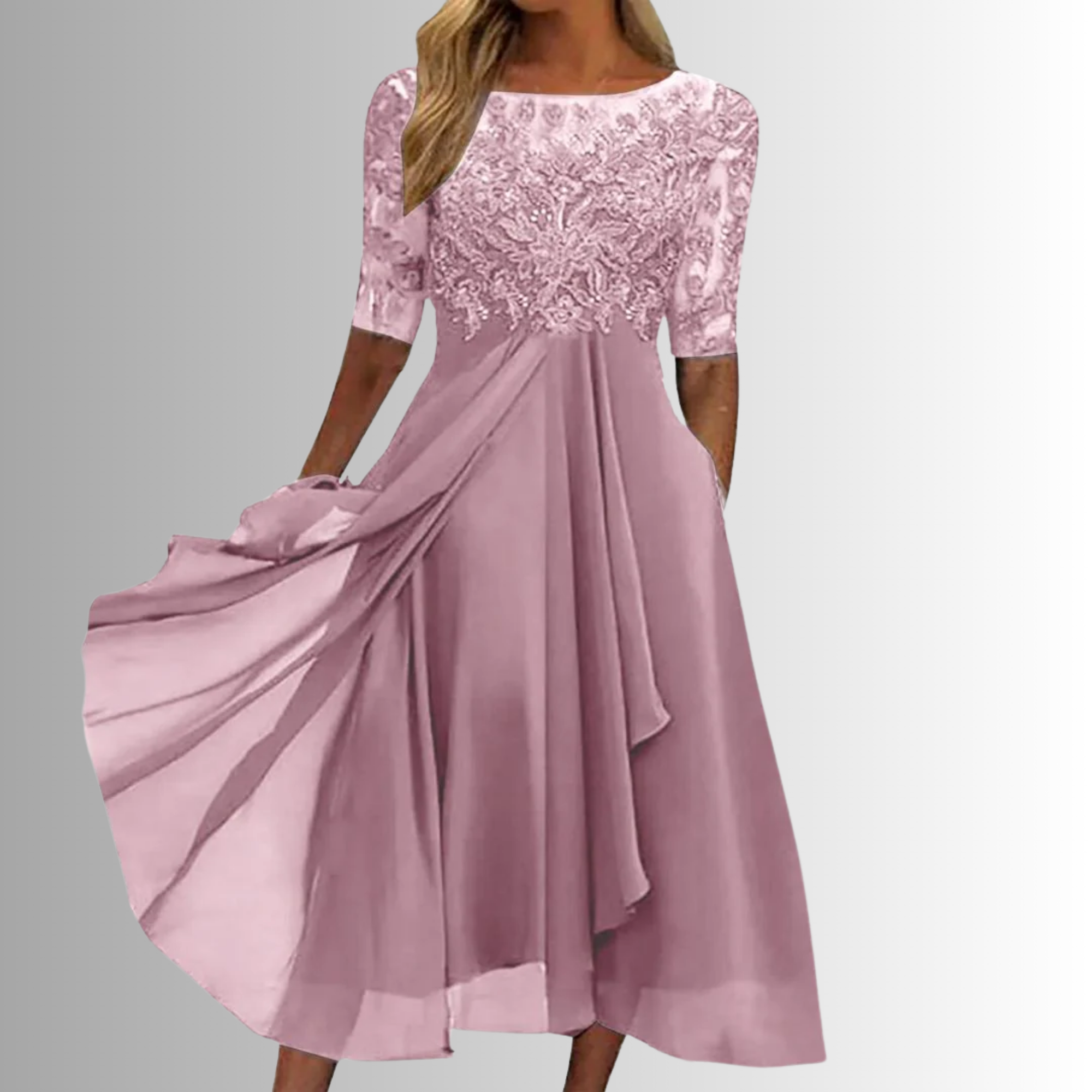 Pink chiffon dress with lace bodice and illusion sleeves, A-line tea length.