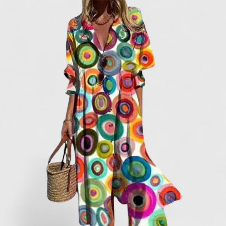 Boho printed maxi dress in bright multicolor with circular pattern, button front, 3/4 sleeves
