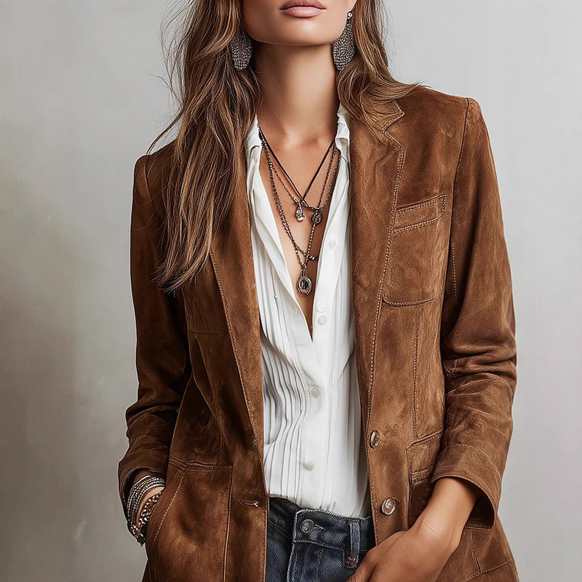 Women’s double-breasted oversized blazer, brown suede with gold-tone buttons