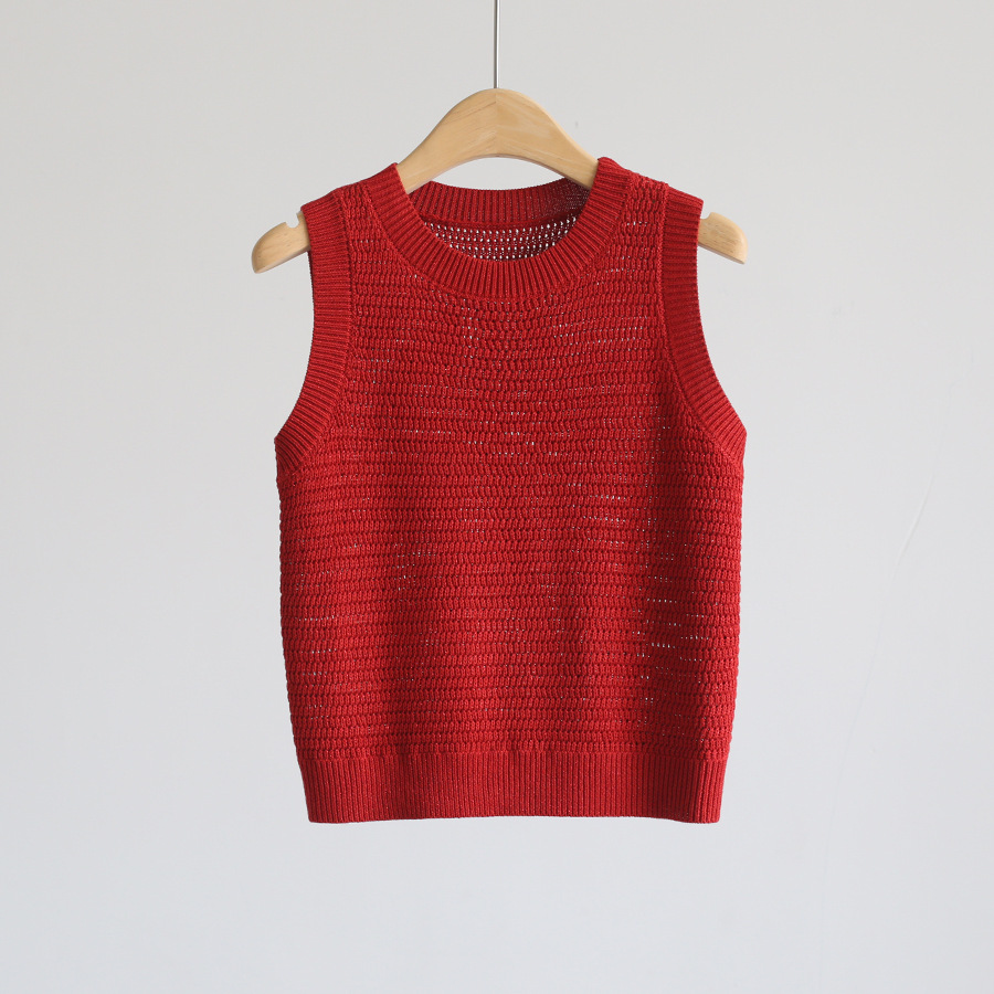 Red cotton open-knit crochet tank top with sleeveless ribbed crew neck