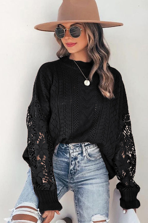 Black lace hollow-out knit sweater with chevron pattern and openwork cuff sleeves