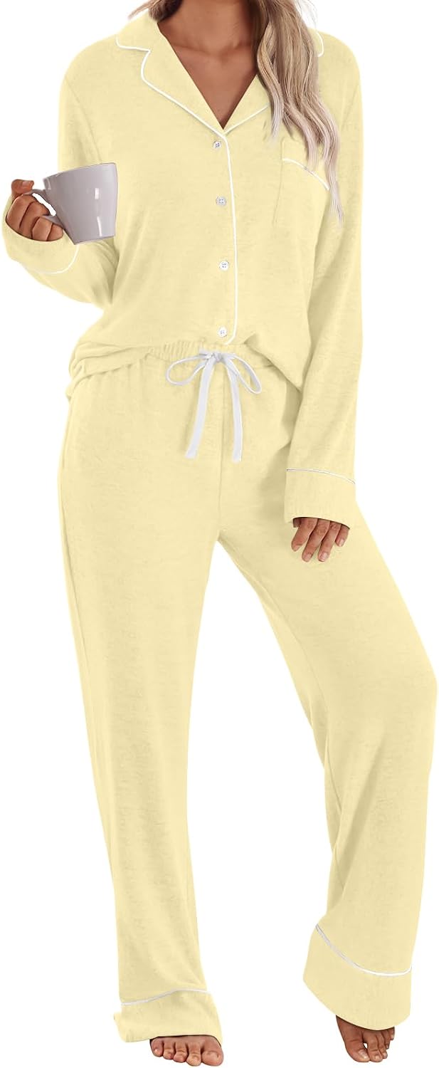 LILLUSORY women's pajama set in pale yellow with a piped button-up top and drawstring pants
