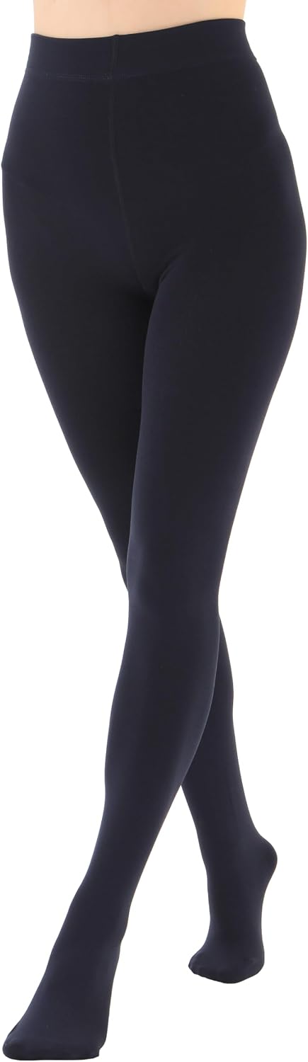 Navy blue opaque fleece-lined thermal tights, full-length back view