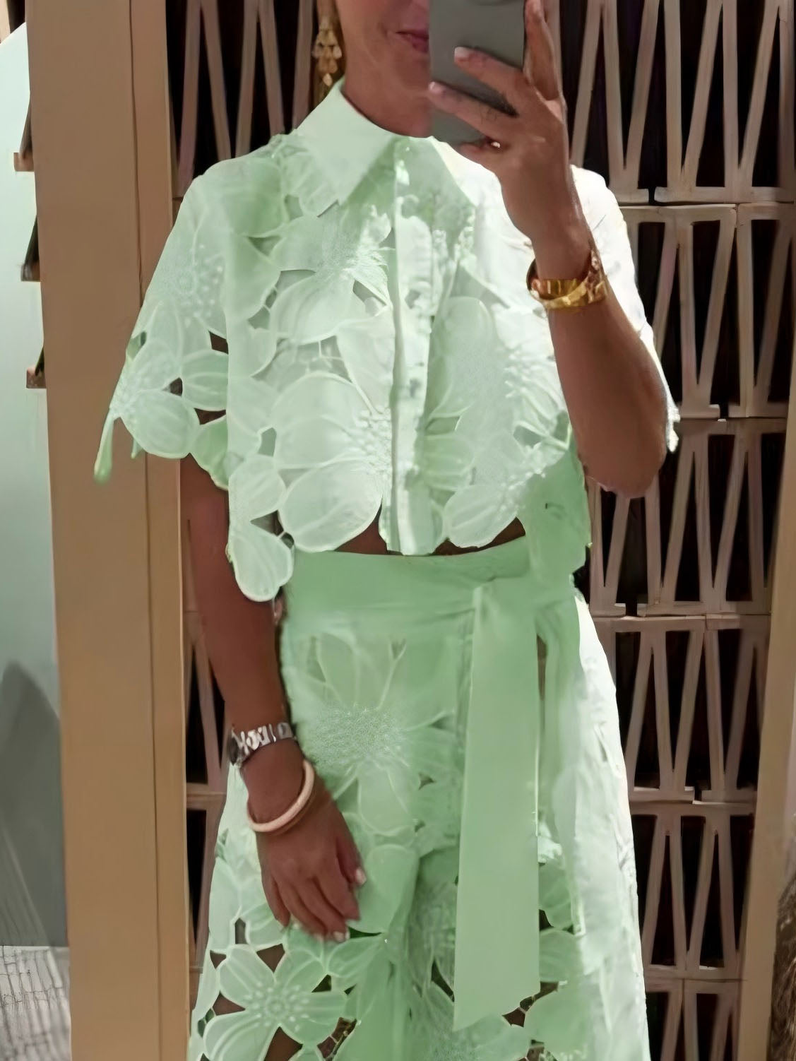 Green lace cropped blouse with floral cutwork, button front, short sleeves