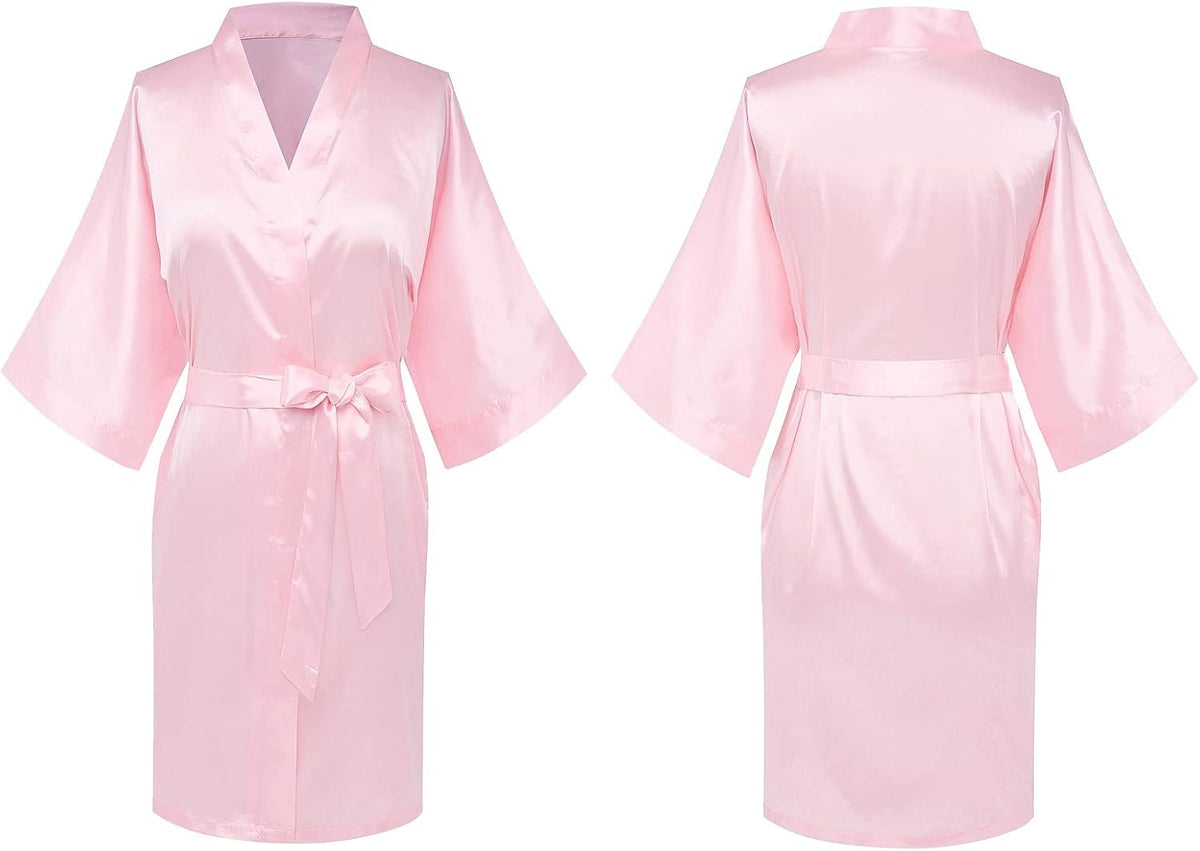 Pale pink satin robe shown from front and back