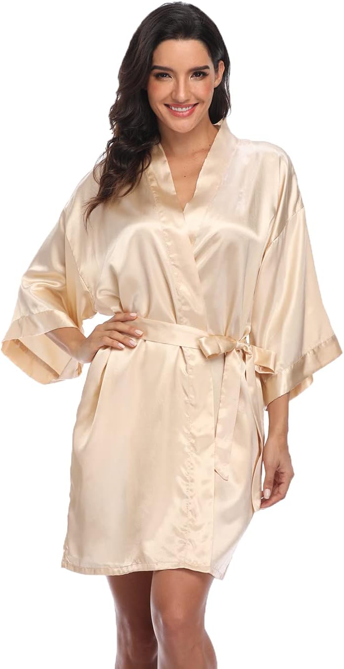 Women's champagne satin robe with a wrap front, wide sleeves and tie belt