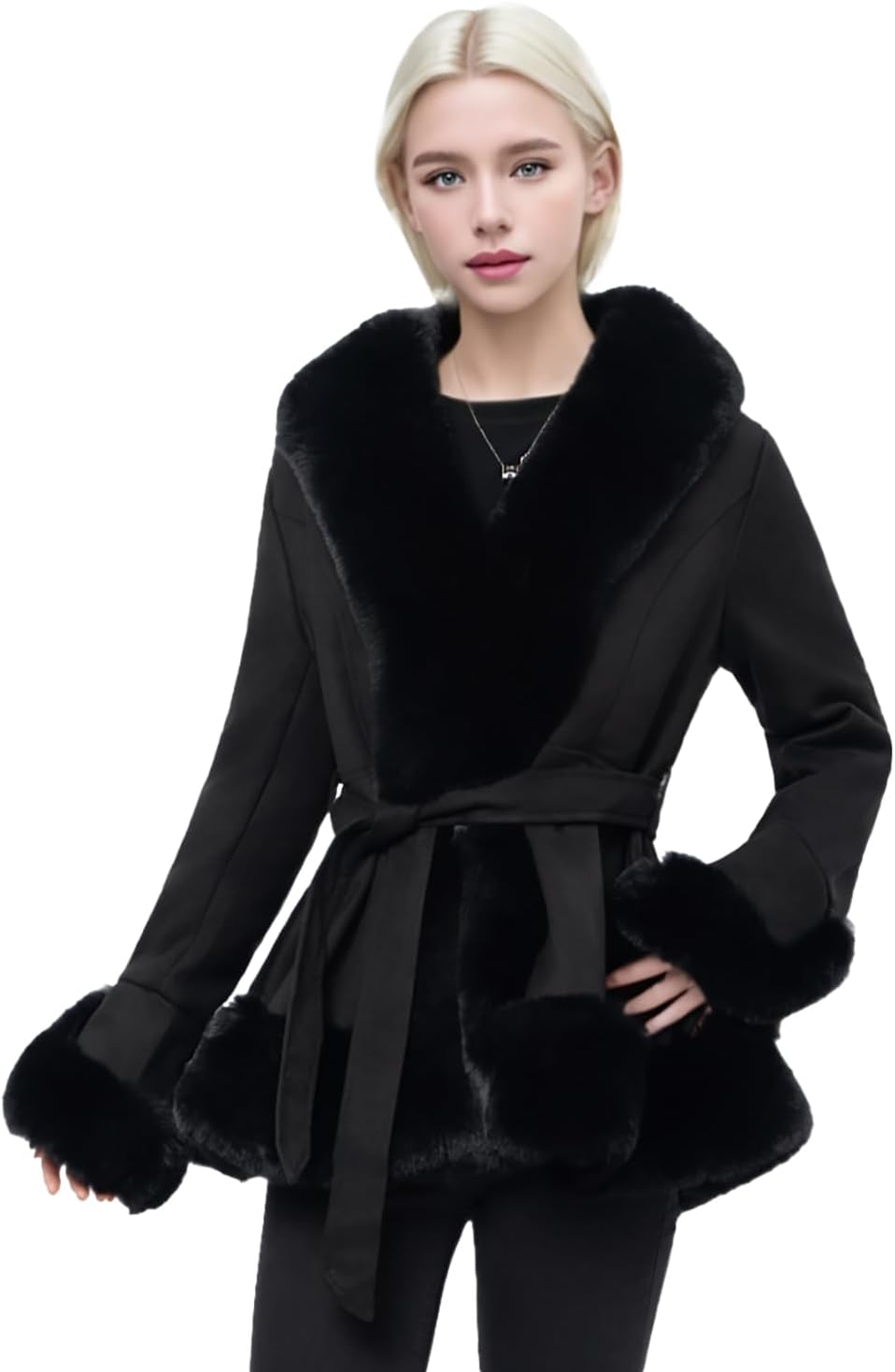 Black wrap coat with a waist tie, plush fur collar, cuffs and hem