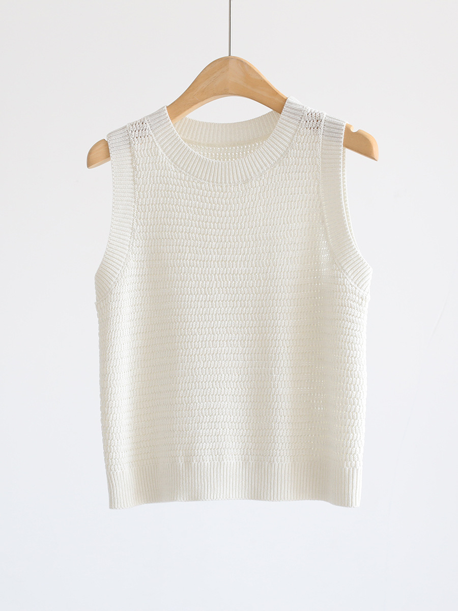 Cream cotton open-knit crochet tank top with sleeveless ribbed crew neck