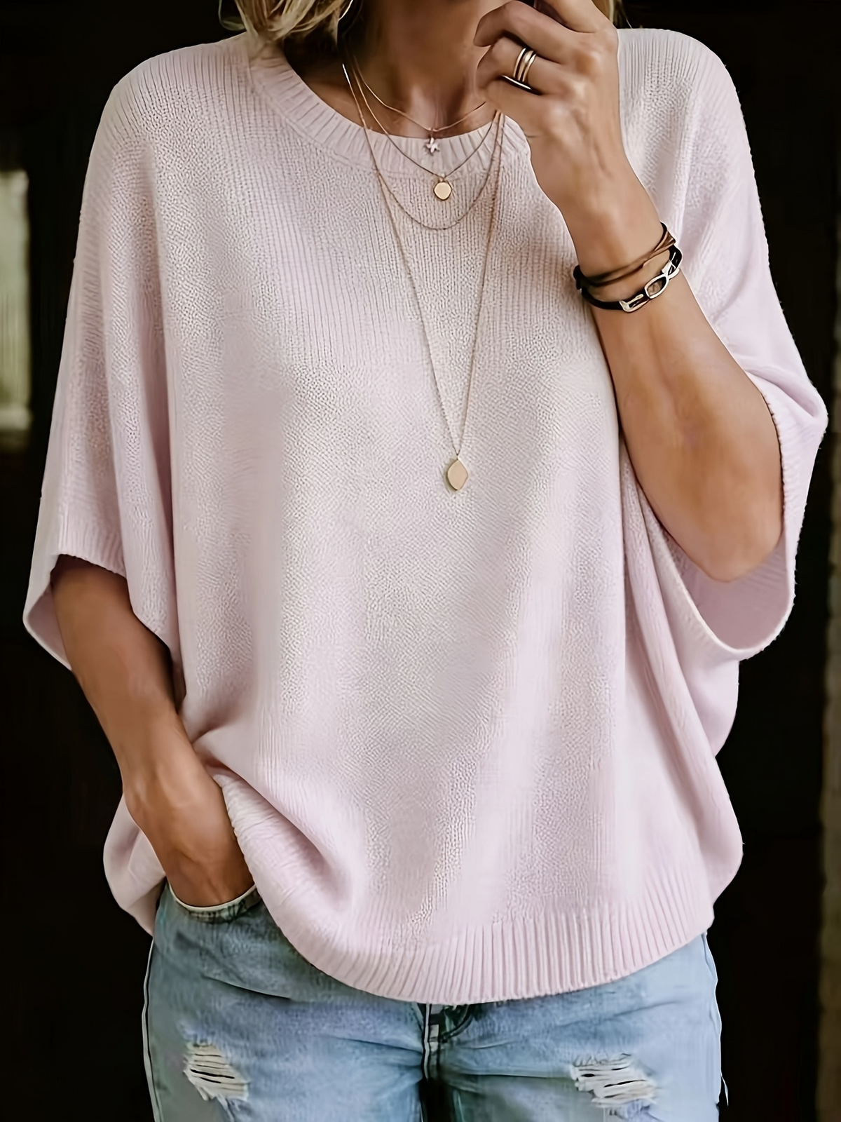 Women’s cropped knit pullover, wide short sleeves, textured knit, light pink