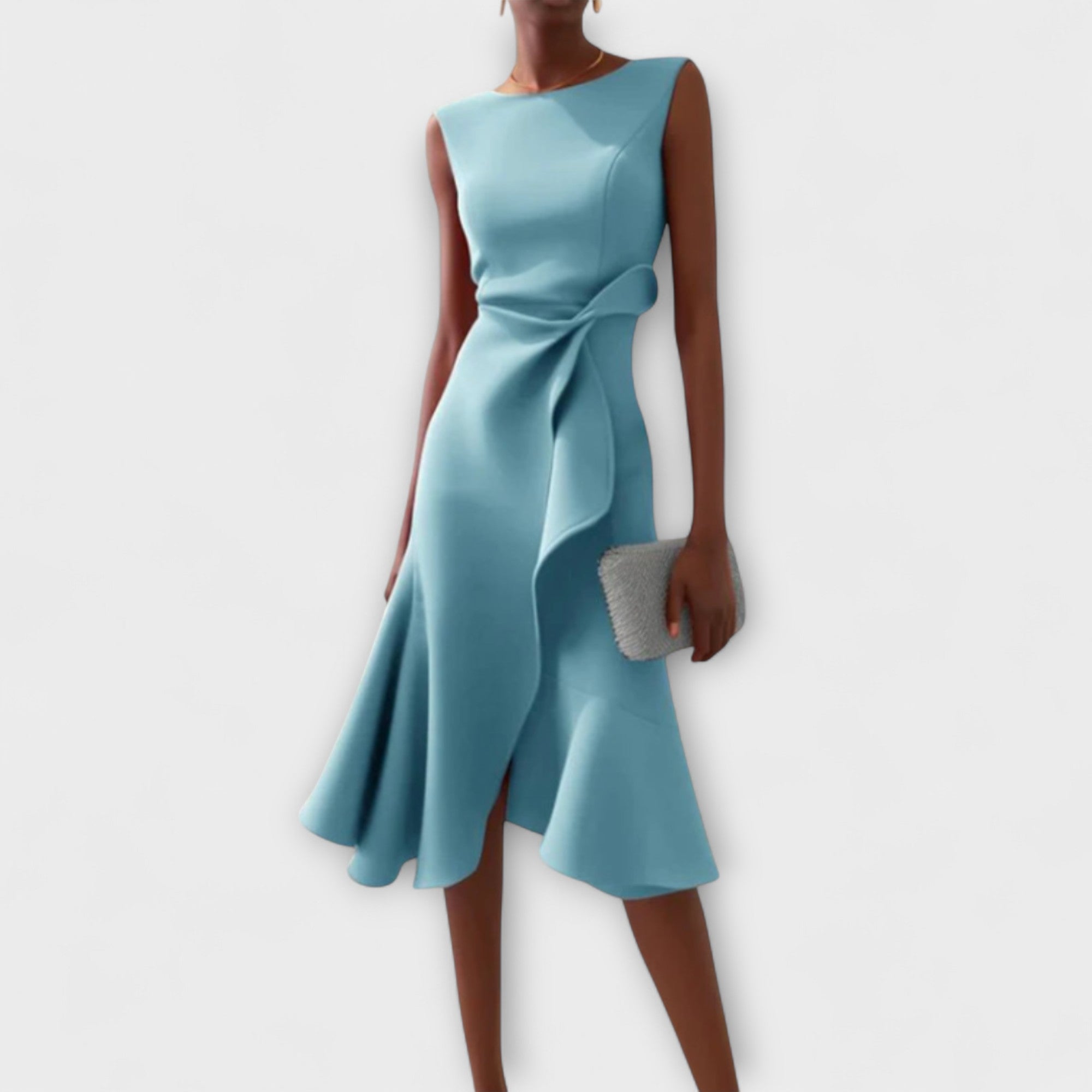 Light blue sleeveless crepe midi dress with draped waist and asymmetric ruffle hem