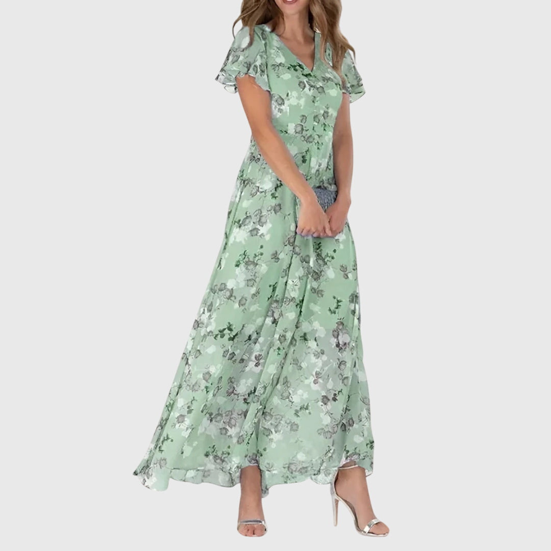 Green floral wrap midi dress with flutter sleeves and V-neck, gathered skirt
