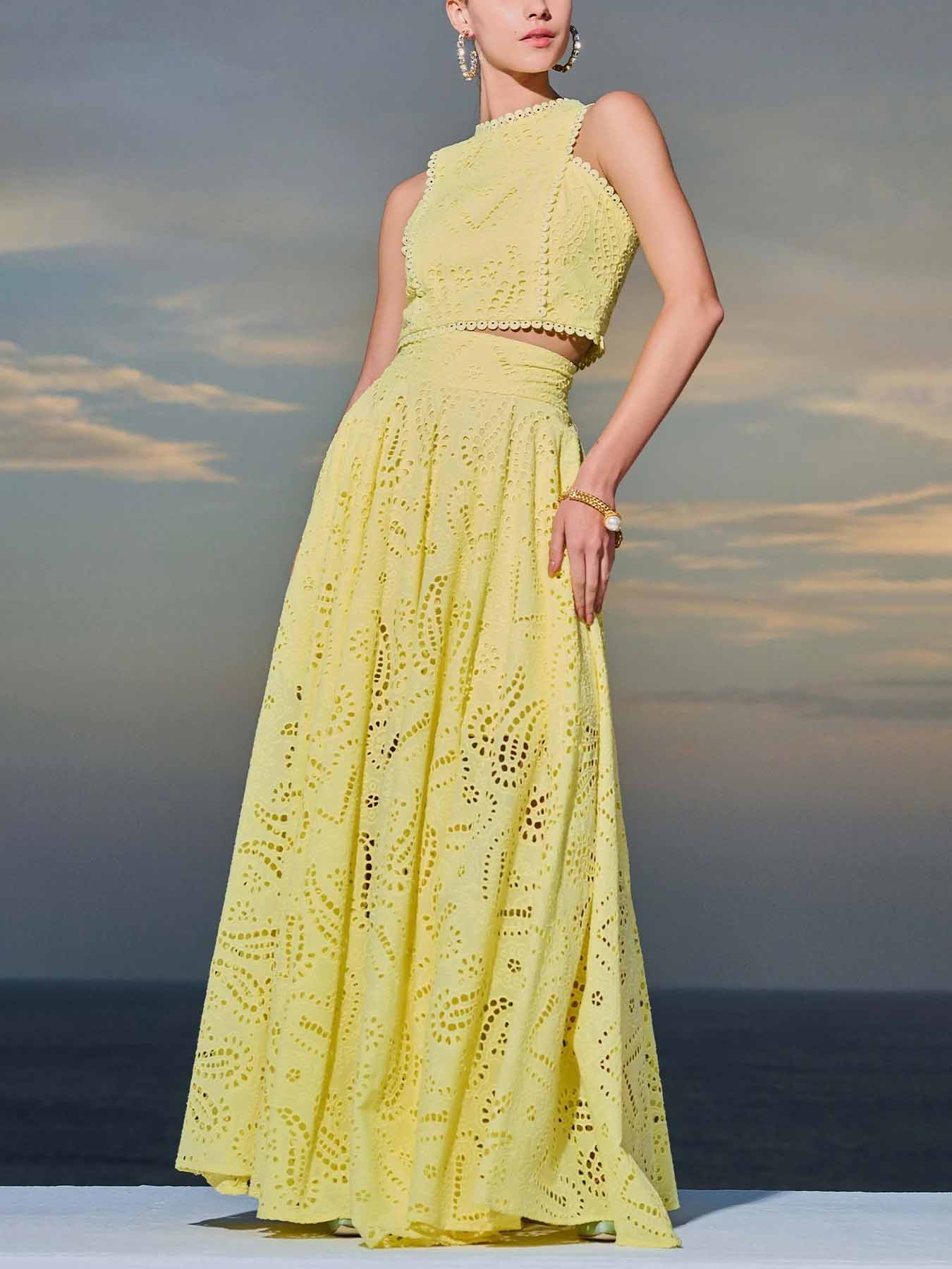 Yellow cotton eyelet lace maxi skirt with high waist and full A-line flare