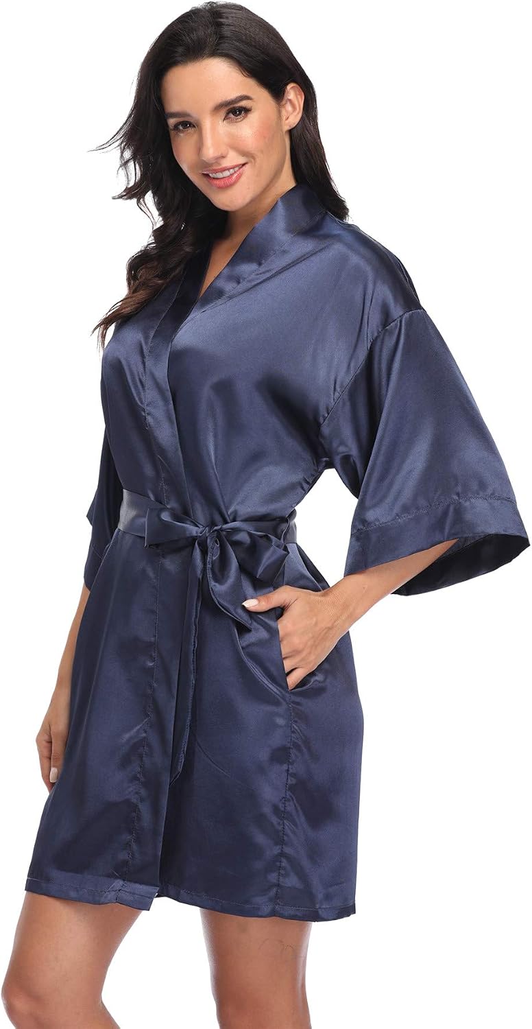 Short navy satin robe with wide sleeves, a tie belt and side pockets