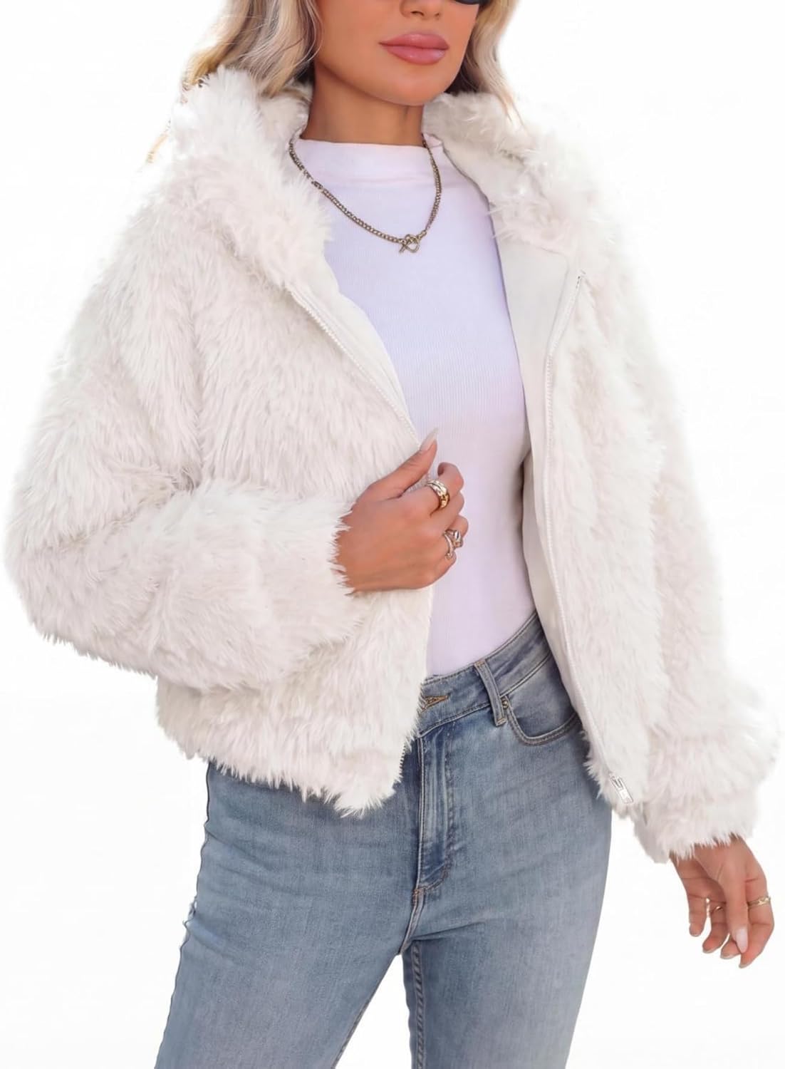 White faux fur cropped coat with hood and front zipper