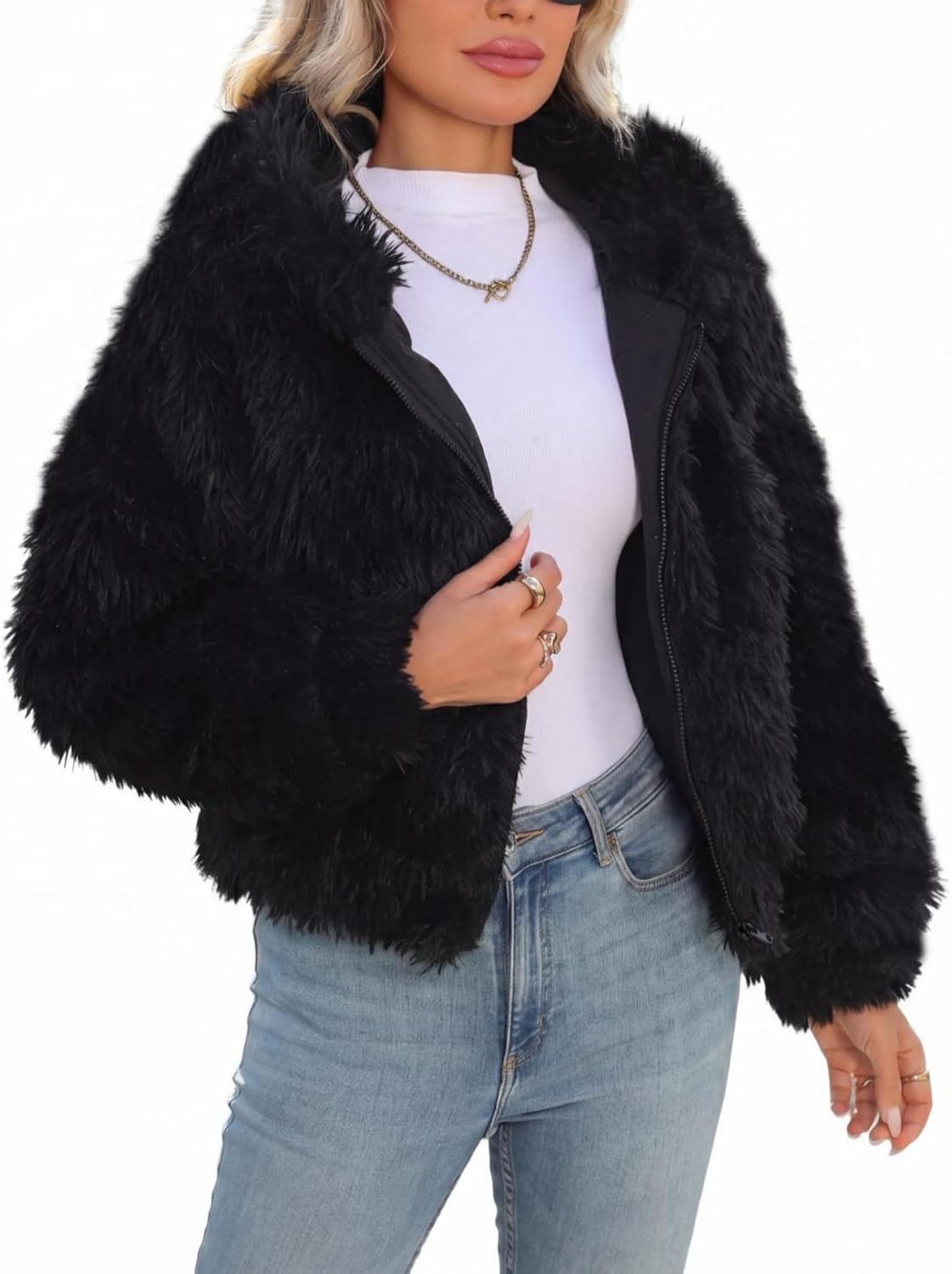 Black faux fur cropped coat with hood and front zipper