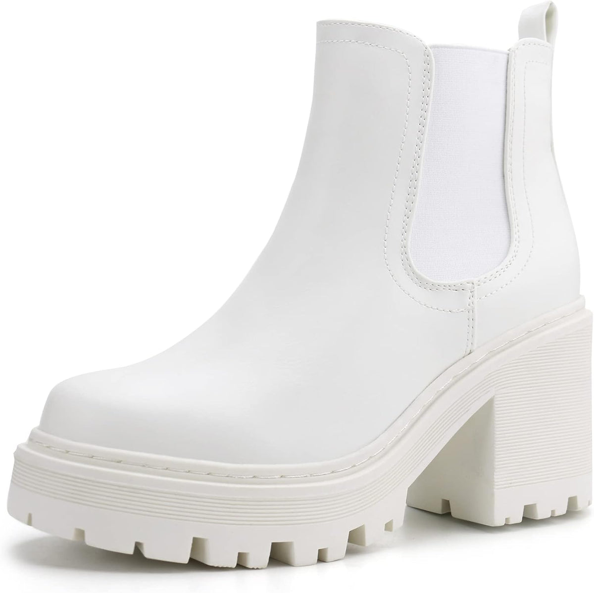 White Chelsea ankle boot with elastic side panel and chunky platform sole