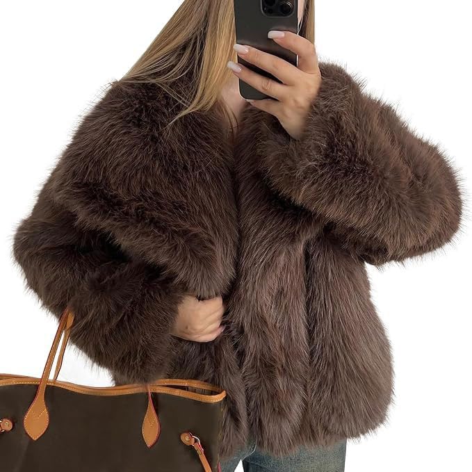 Brown faux fur jacket with a wide collar and long sleeves