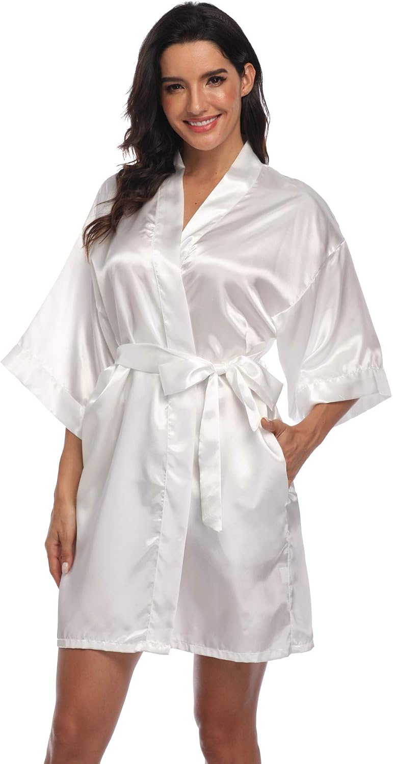 Short white satin robe with wide sleeves, a matching waist tie and side pockets