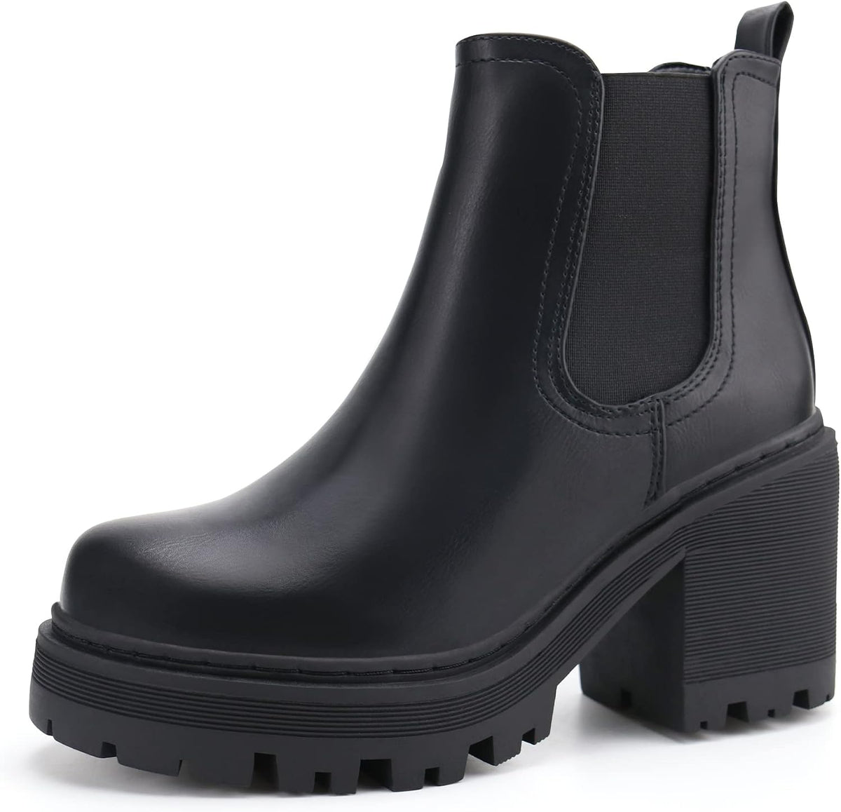 Black Chelsea ankle boot with elastic side panel and thick lug sole