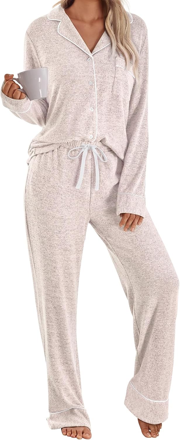 Women's pale pink two-piece pajama set with piped shirt and drawstring pants