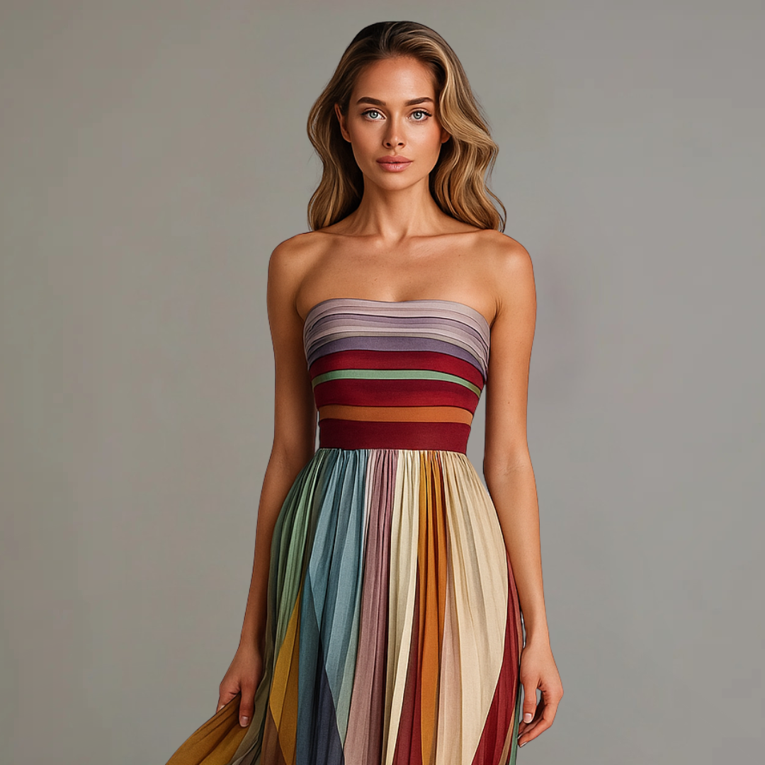 Multicolor striped strapless maxi dress with smocked bodice and pleated skirt