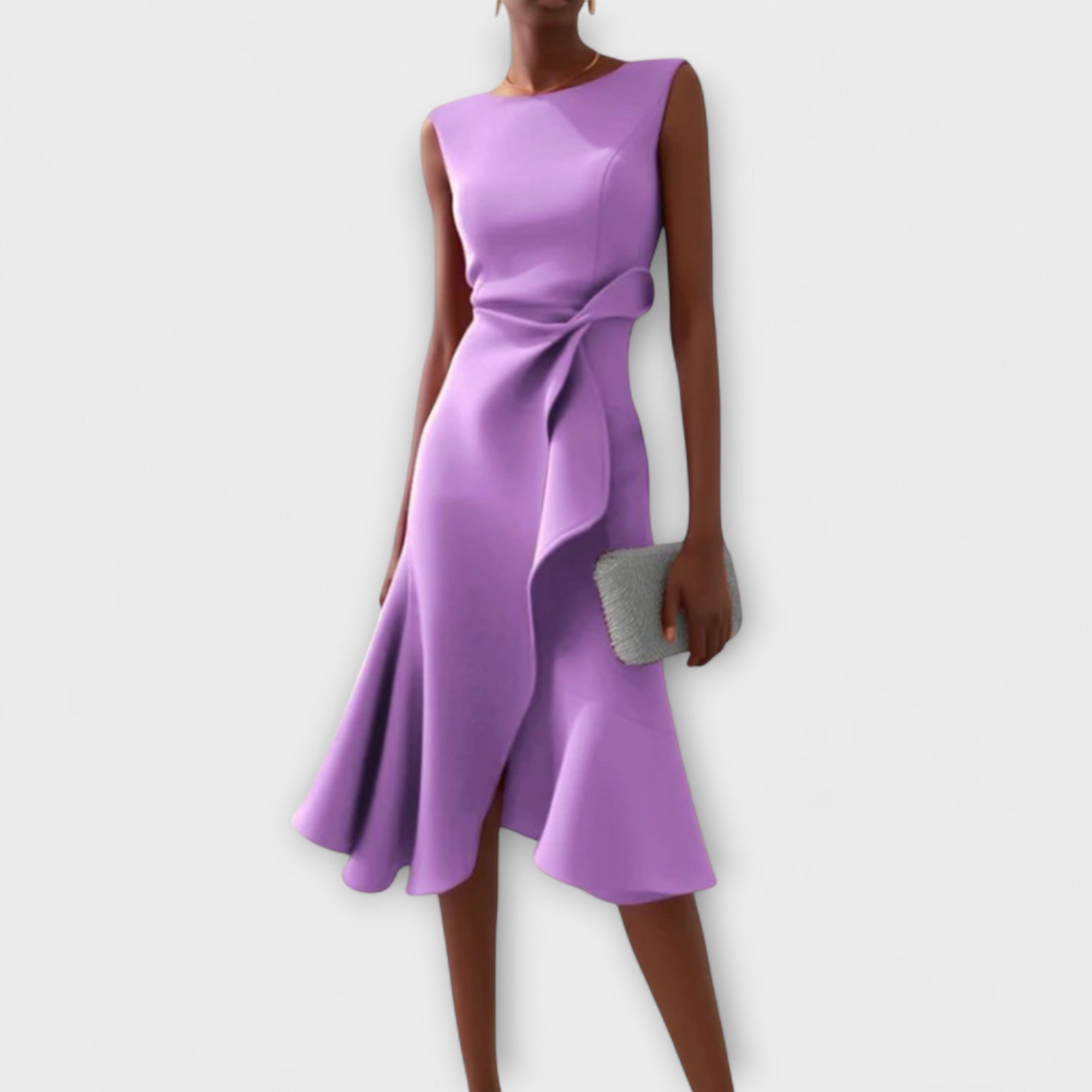 Violet sleeveless crepe midi dress with draped waist and asymmetric ruffle hem