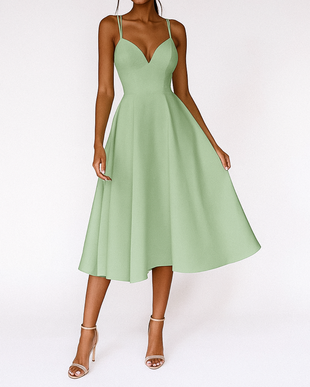 Light green strappy midi dress with V-neckline and flared A-line skirt
