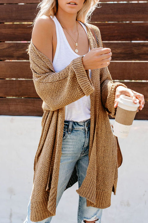 Long sleeve knit cardigan in brown with open front and ribbed cuffs