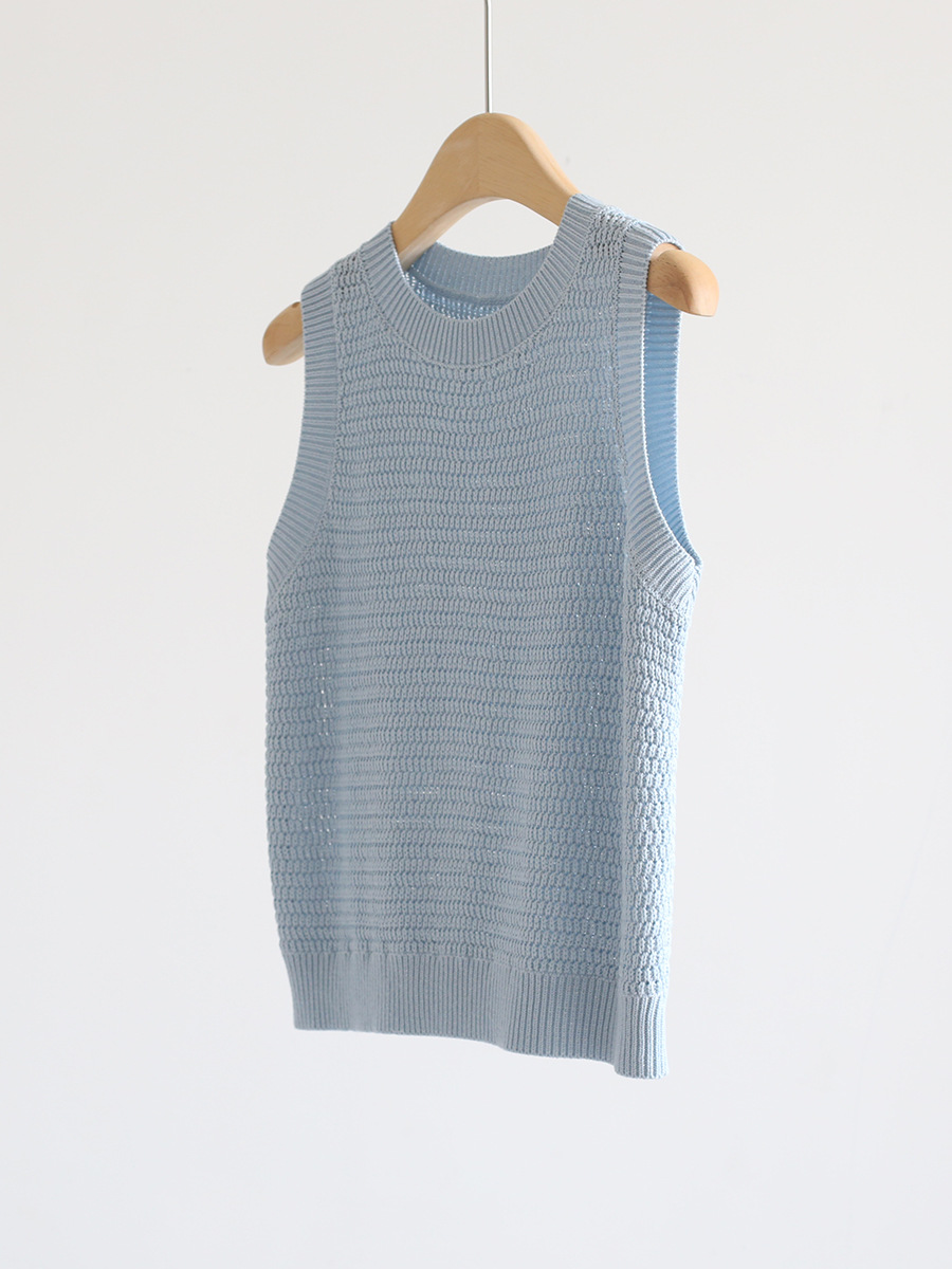 Light blue sleeveless open-knit crochet tank top, ribbed crew neck