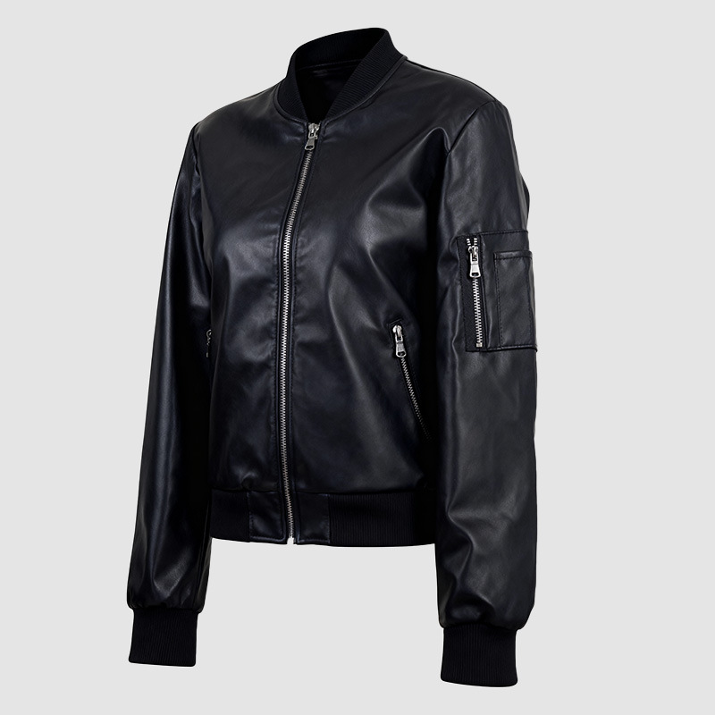 Black faux leather cropped bomber jacket with zip front and zip sleeve pocket