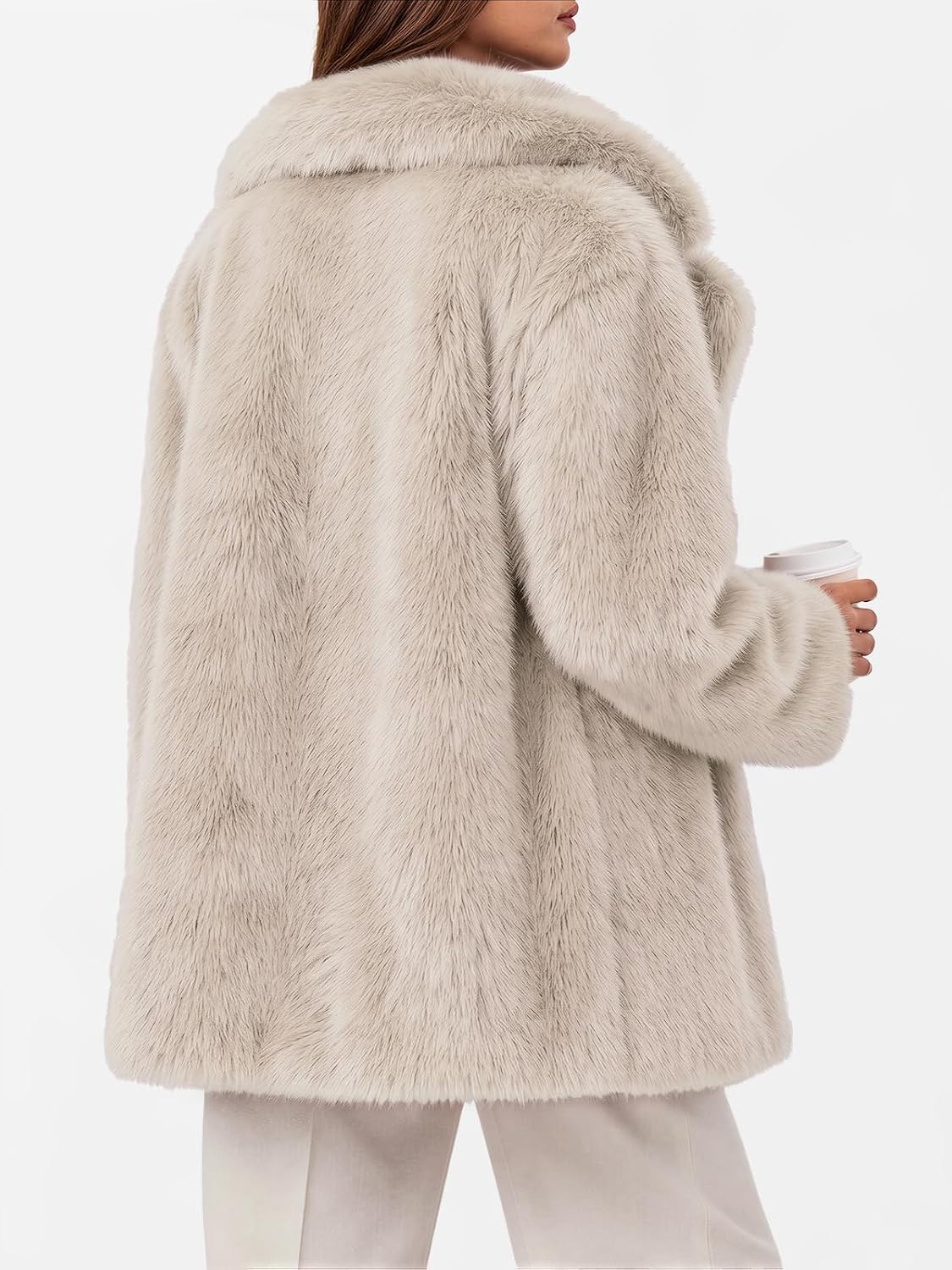 Back view of beige faux fur coat with a wide collar and mid-thigh length