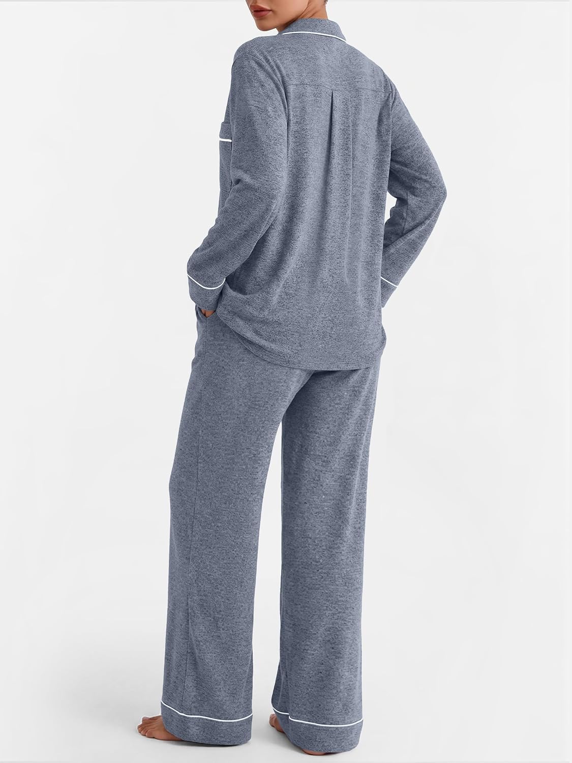 Back view of women's blue-gray pajama set with relaxed shirt and wide-leg pants