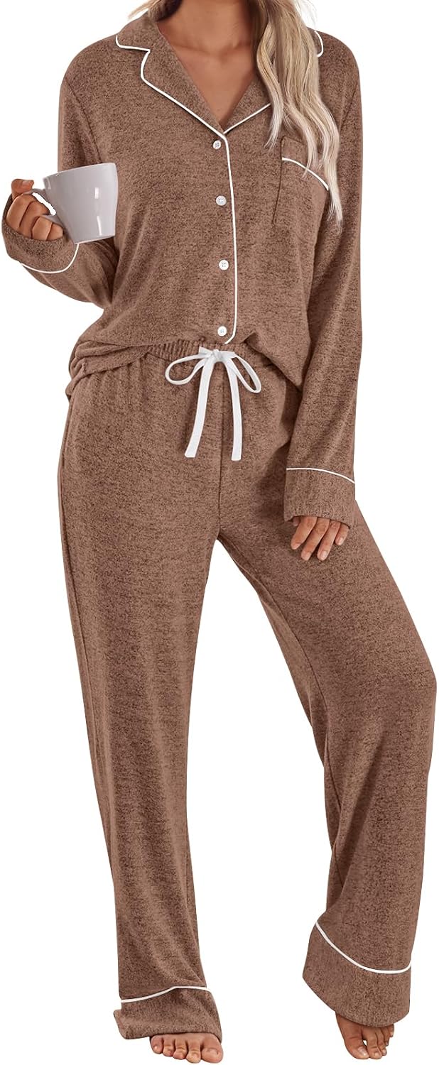 LILLUSORY women's pajama set in brown with a piped button-up top and drawstring pants