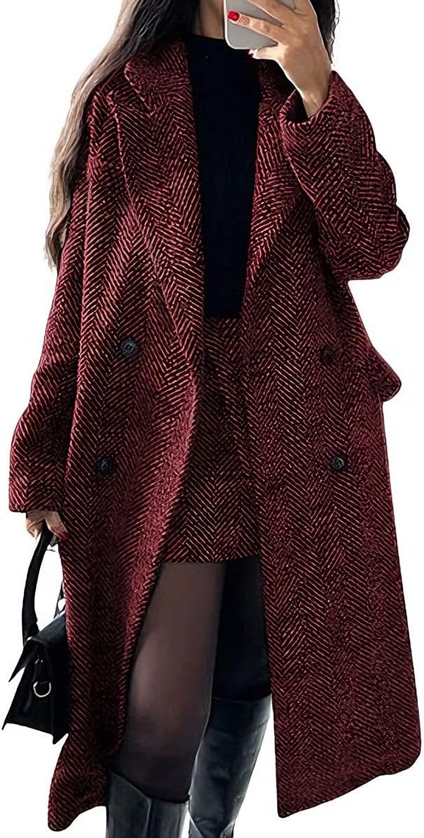 Long herringbone double-breasted wool trench coat in deep red with buttoned front