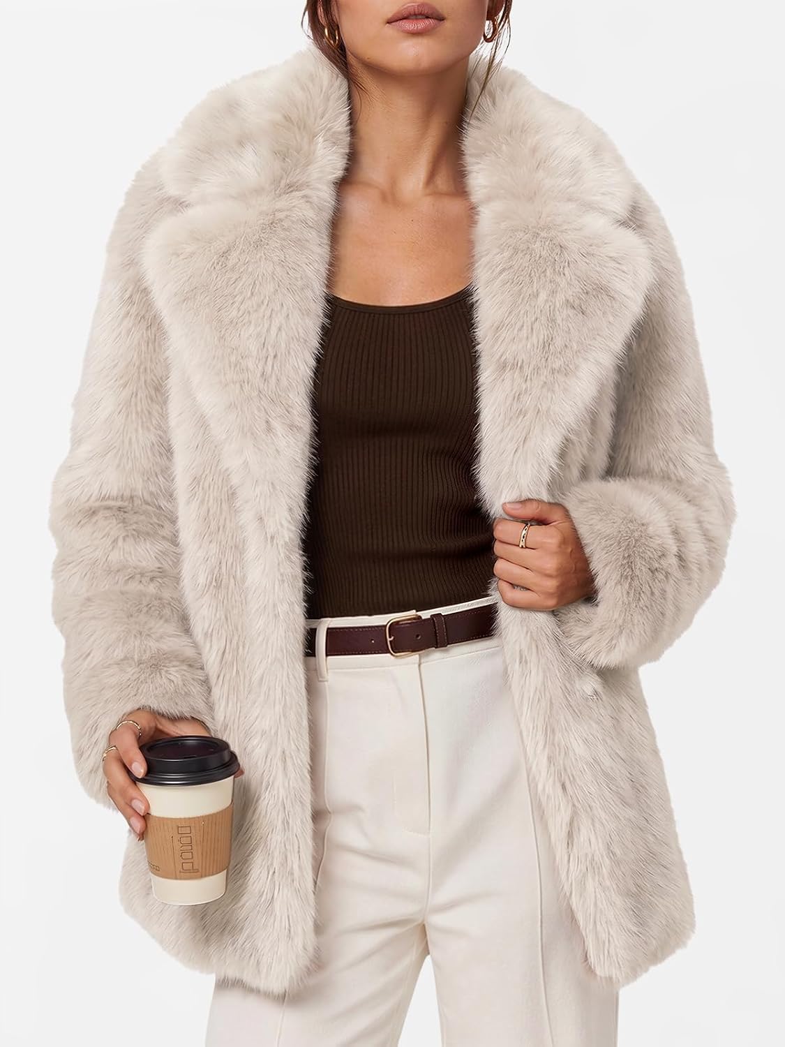 Beige faux fur coat worn open, showing plush lapels and long sleeves