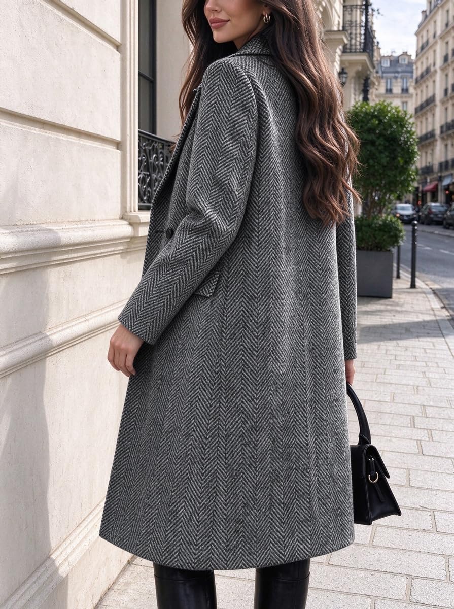 Grey herringbone long wool trench coat with double-breasted front and structured shoulders