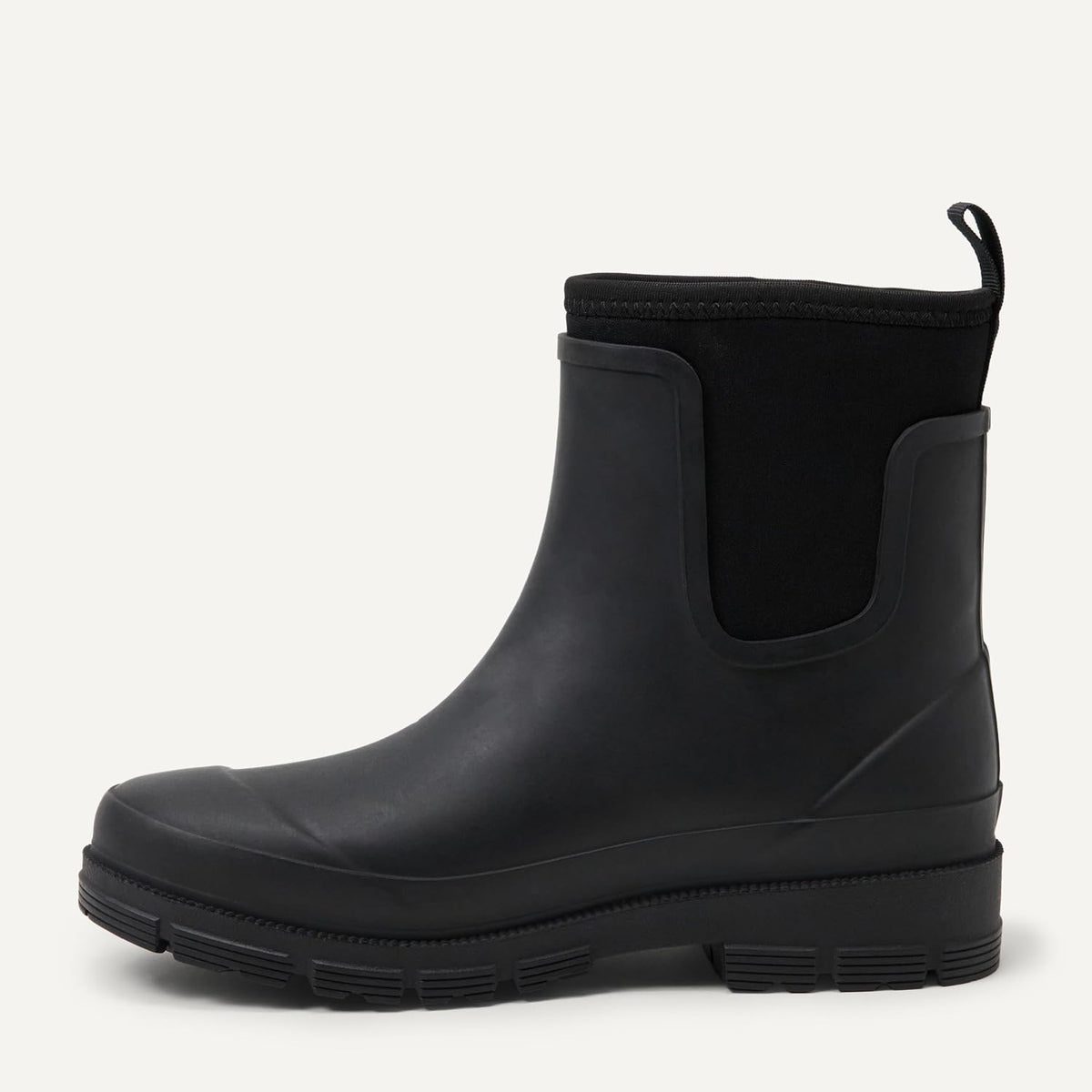Black Chelsea ankle rain boot with elastic side panel and pull tab