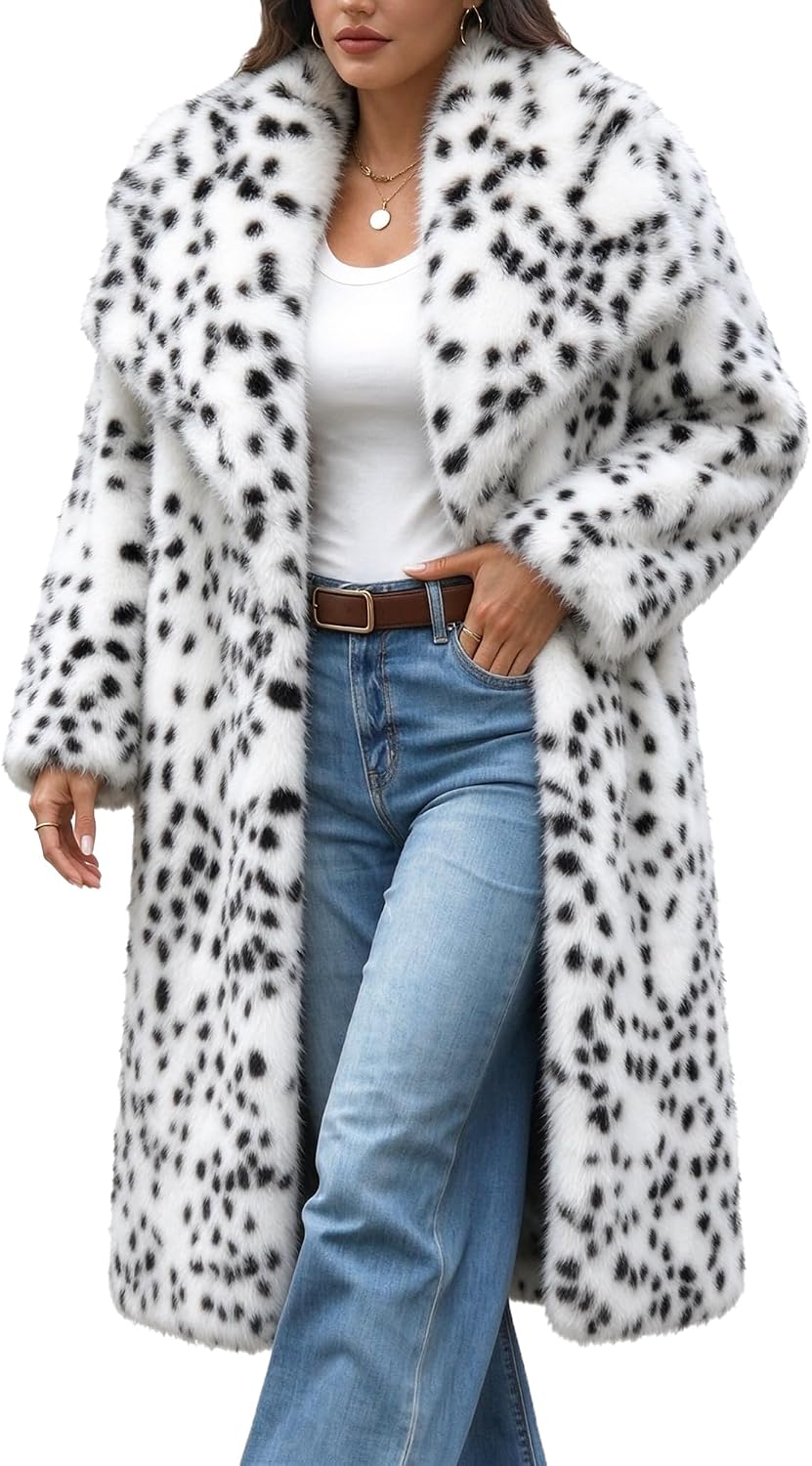 Long white faux fur coat with black dalmatian spots and a wide collar