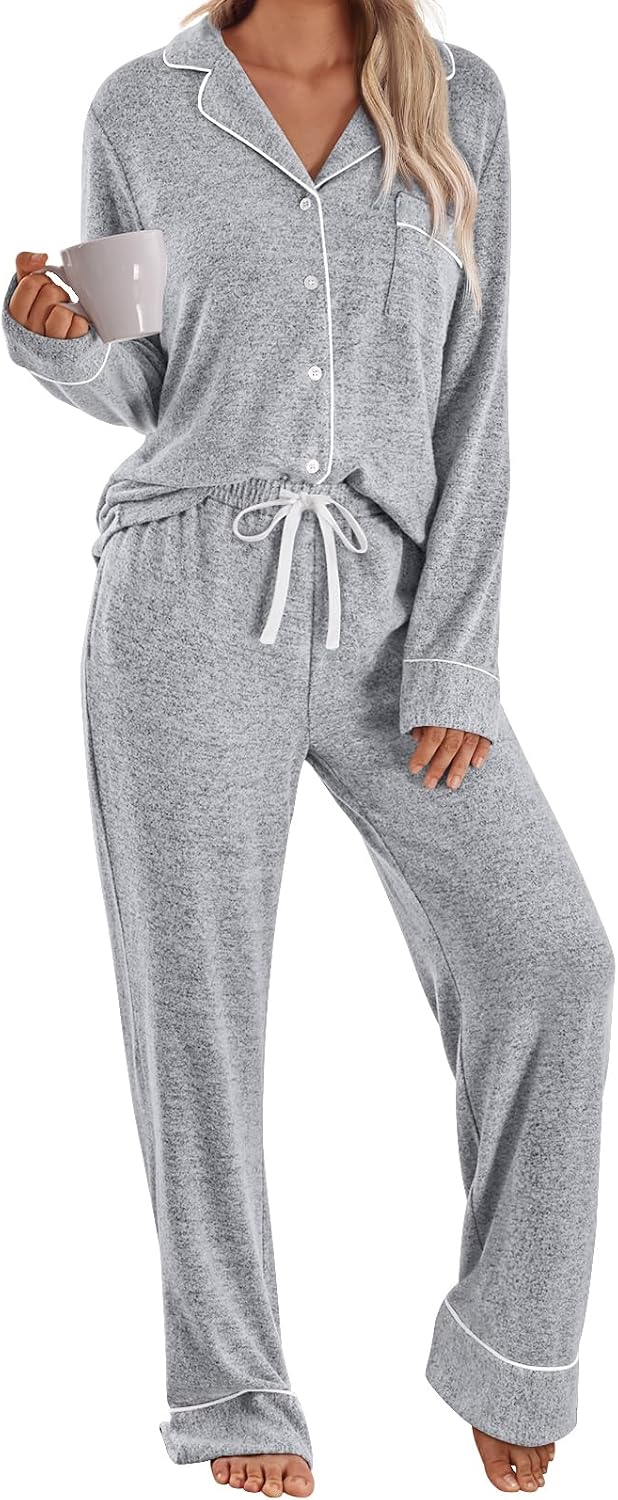 LILLUSORY women's pajama set in gray with a piped button-up top and drawstring pants