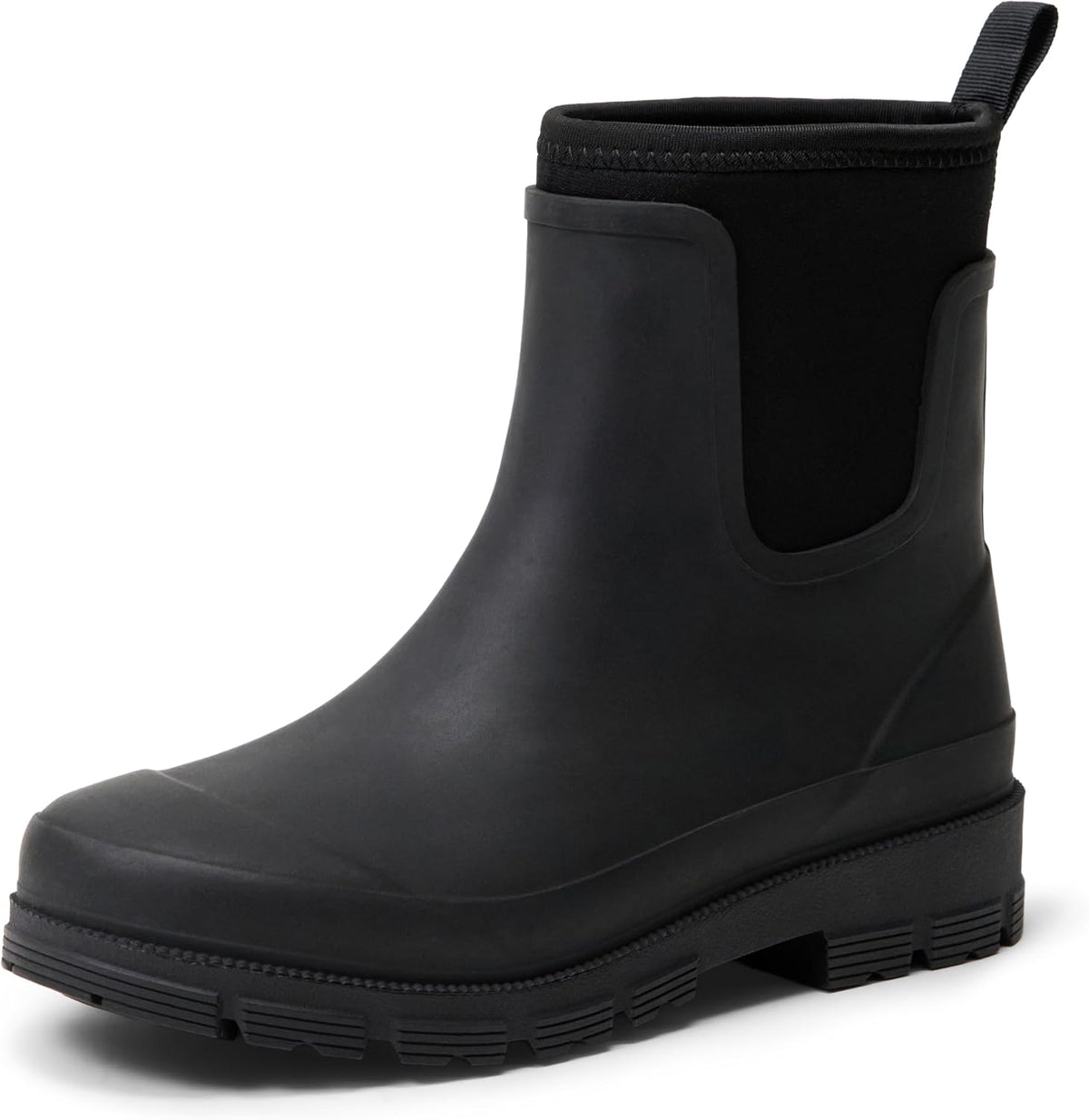 Black Chelsea ankle rain boot with elastic panel and chunky lug sole