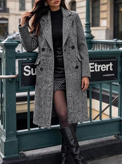 Long herringbone double-breasted wool trench coat in grey with notch lapels