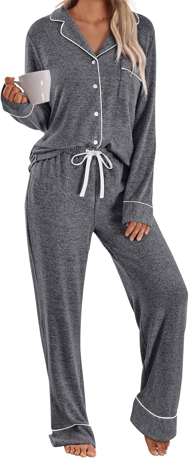 Women's dark gray pajama set with piped button-front shirt and wide-leg pants