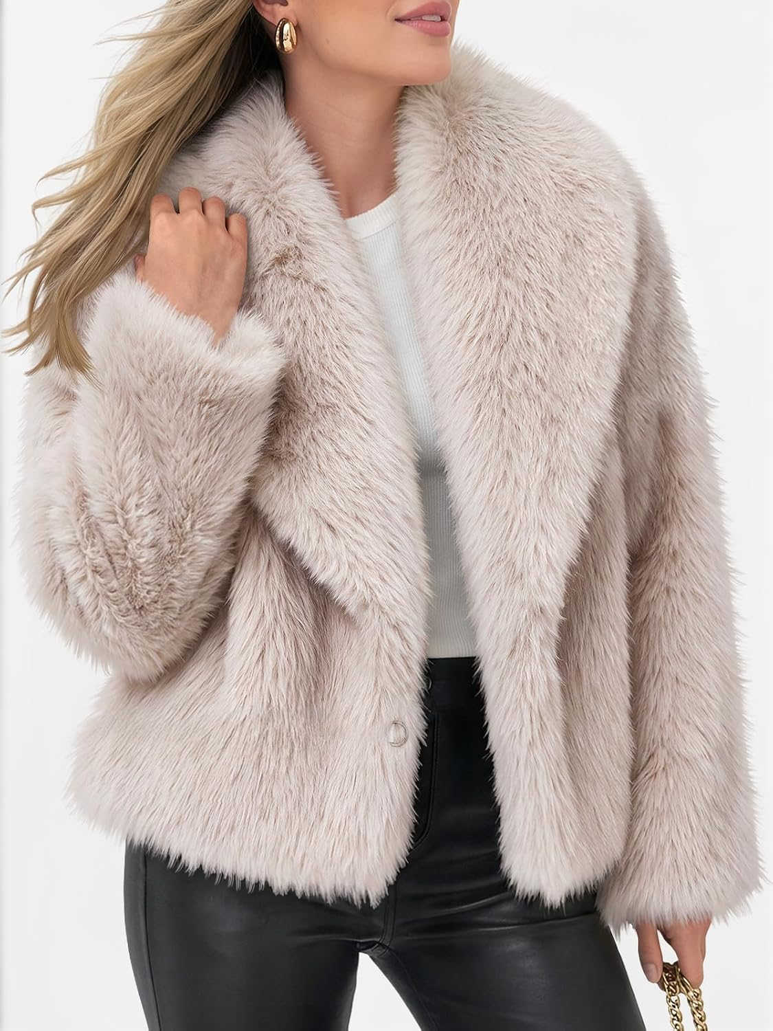 Trendy Queen beige faux fur coat with plush wide lapels and button closure