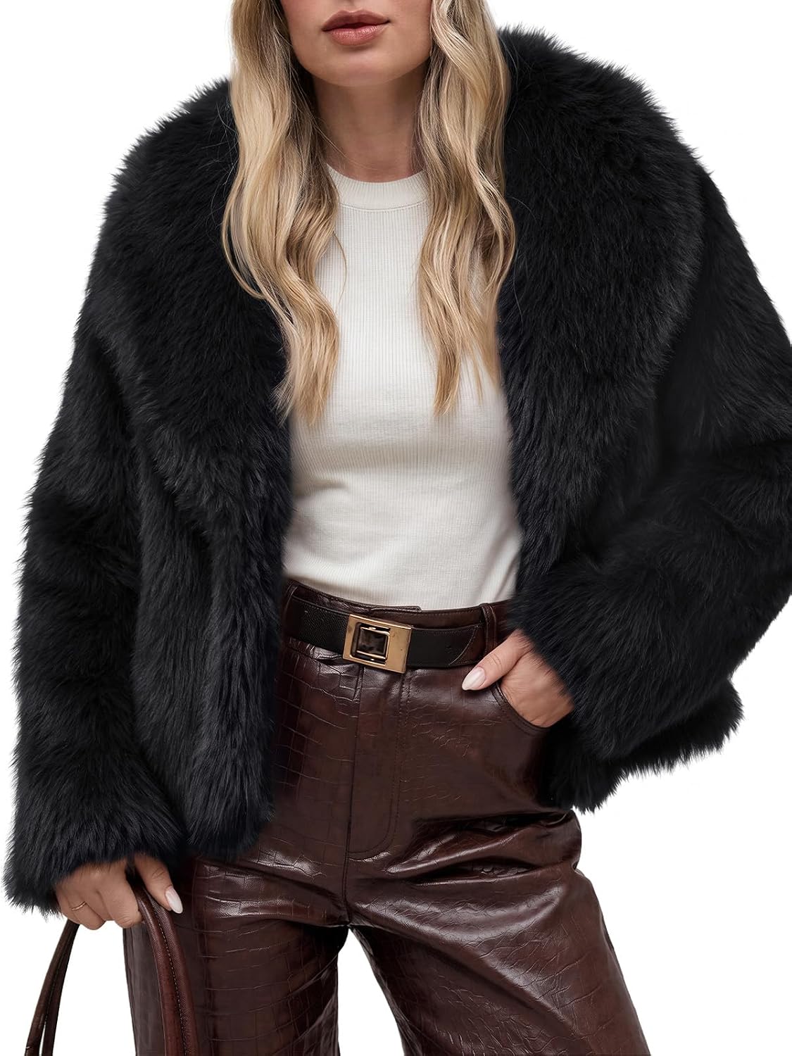 Trendy Queen cropped black faux fur coat with wide lapels