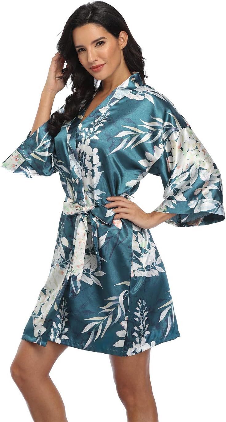 Teal satin robe with a white floral print and waist tie