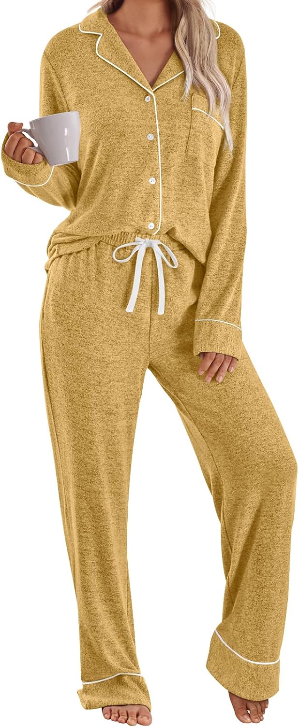 LILLUSORY women's pajama set in mustard yellow with a piped button-up top and drawstring pants