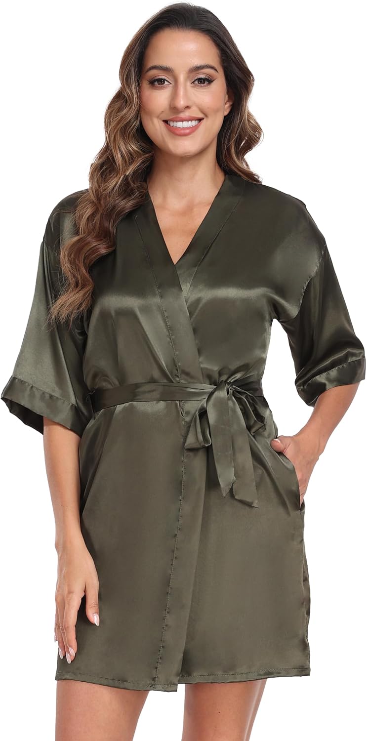 Women's olive green satin robe with a wrap front, three-quarter sleeves and tie belt