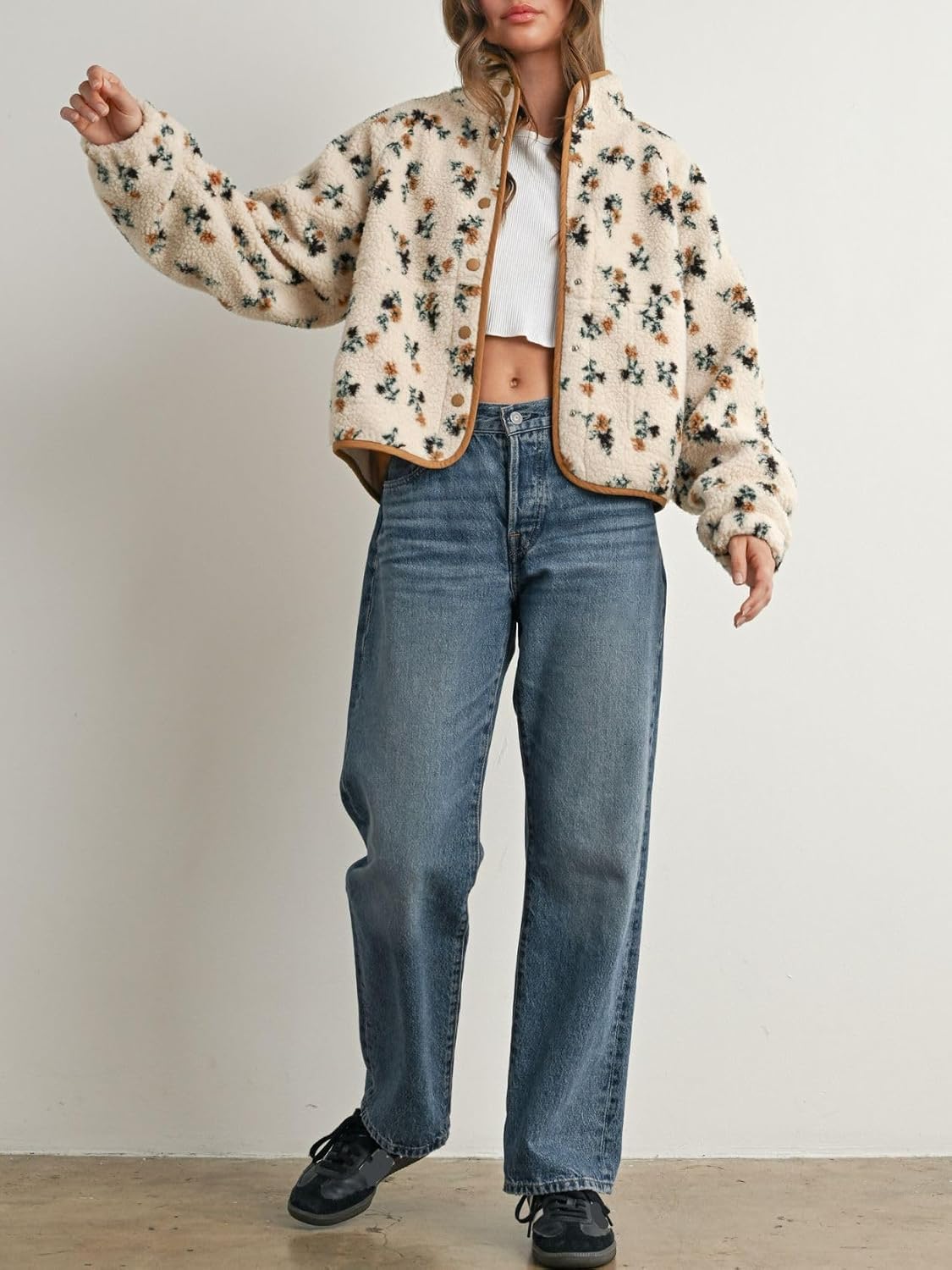 Floral teddy fleece jacket, cream with multicolor flower print, snap front and long sleeves