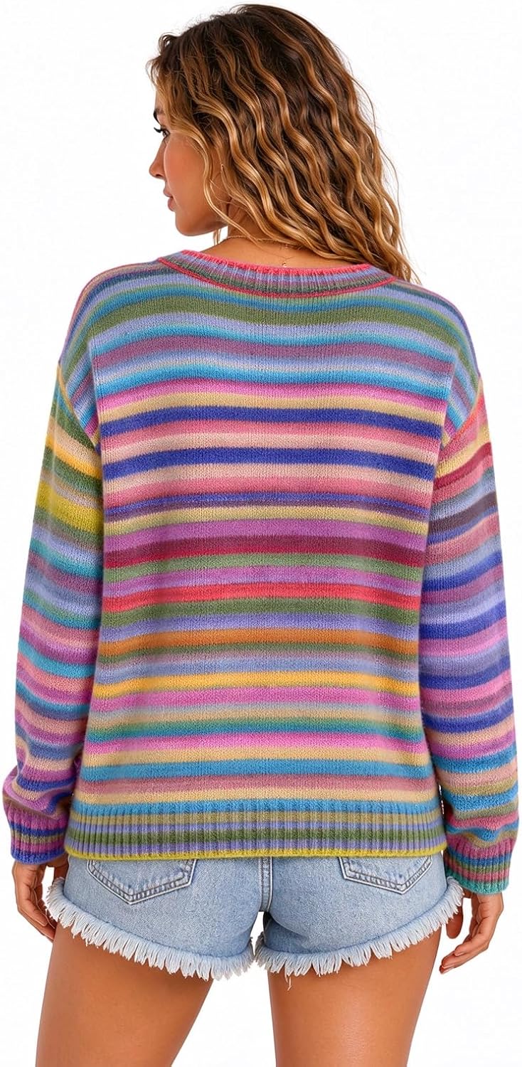 Back view of rainbow striped knit button cardigan with ribbed crew neckline
