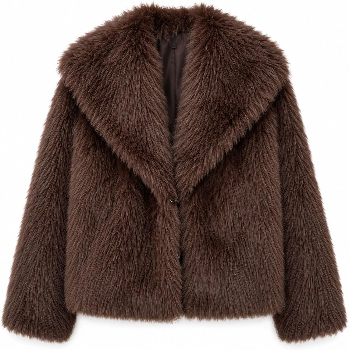 Brown faux fur jacket with oversized lapels, long sleeves and button front